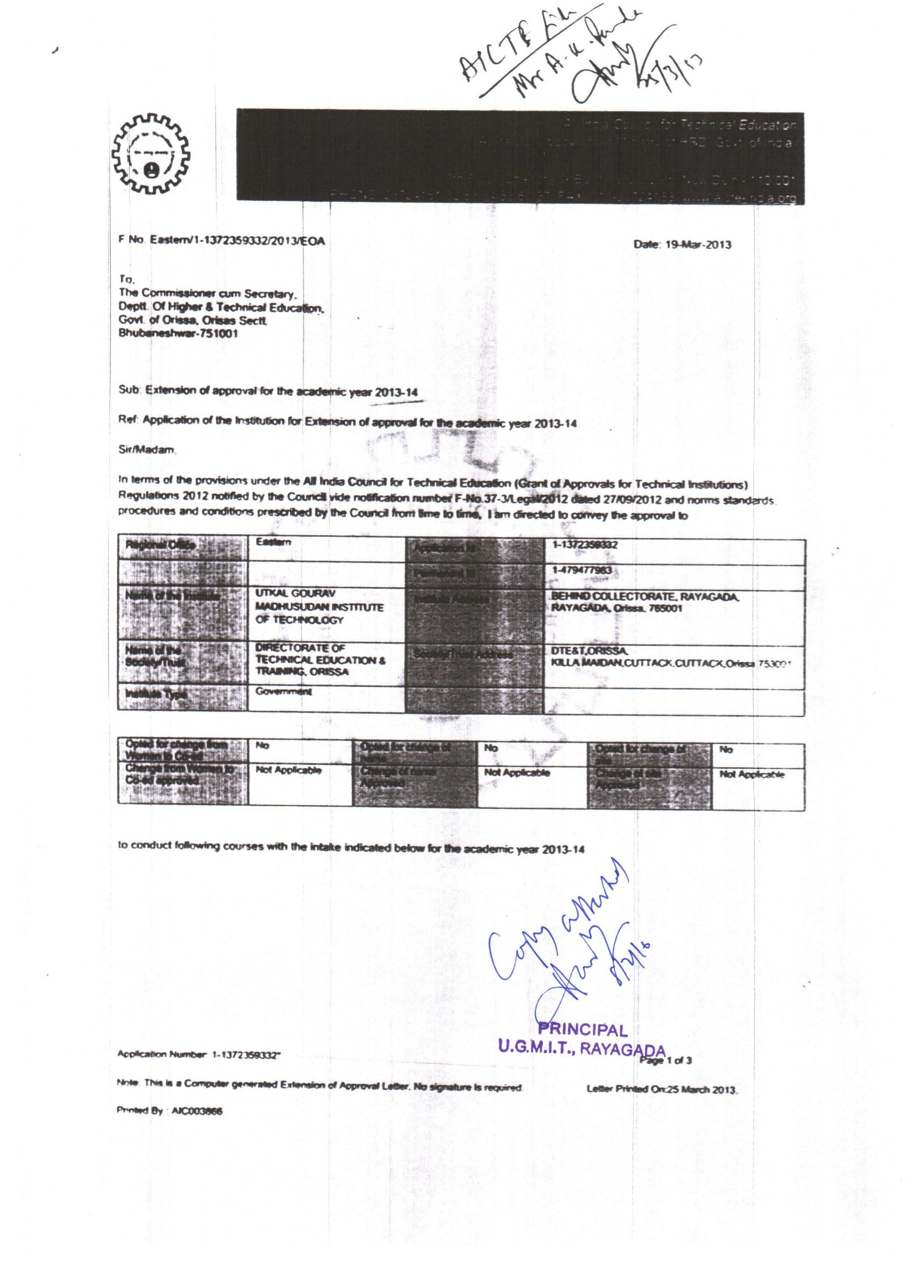 EoA from AICTE for Year 2013-2014