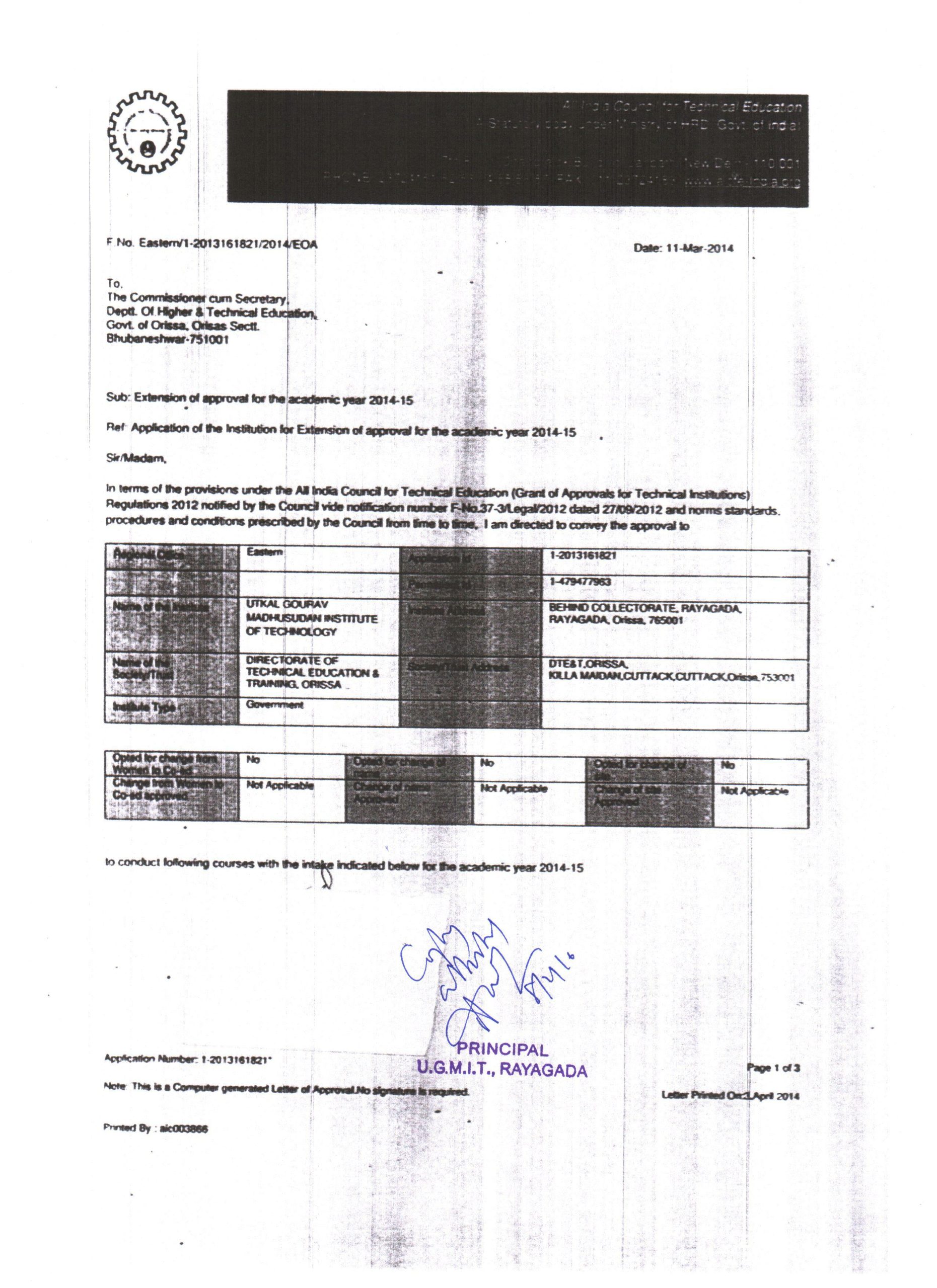 EoA from AICTE for Year 2014-2015