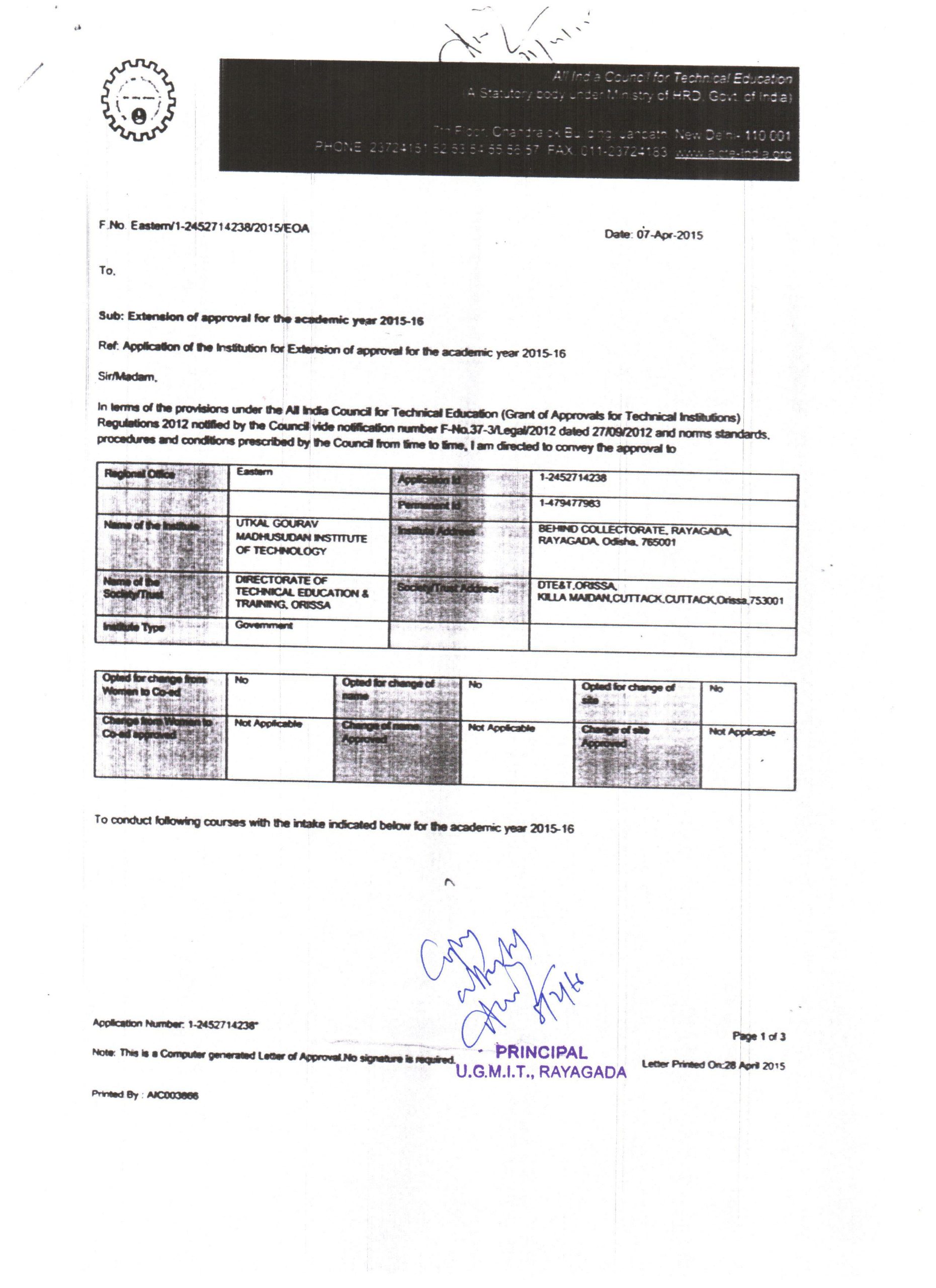 EoA from AICTE for Year 2015-2016