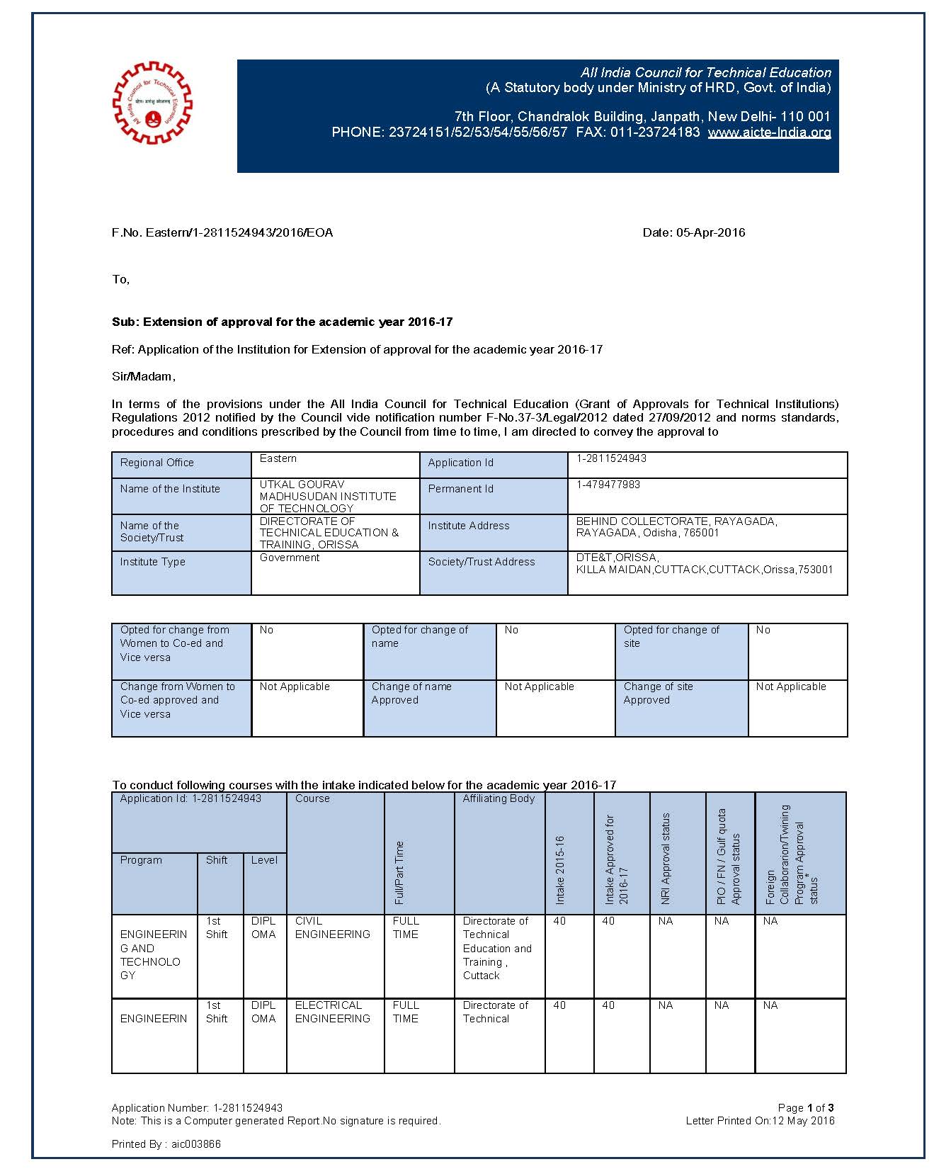 EoA from AICTE for Year 2016-2017