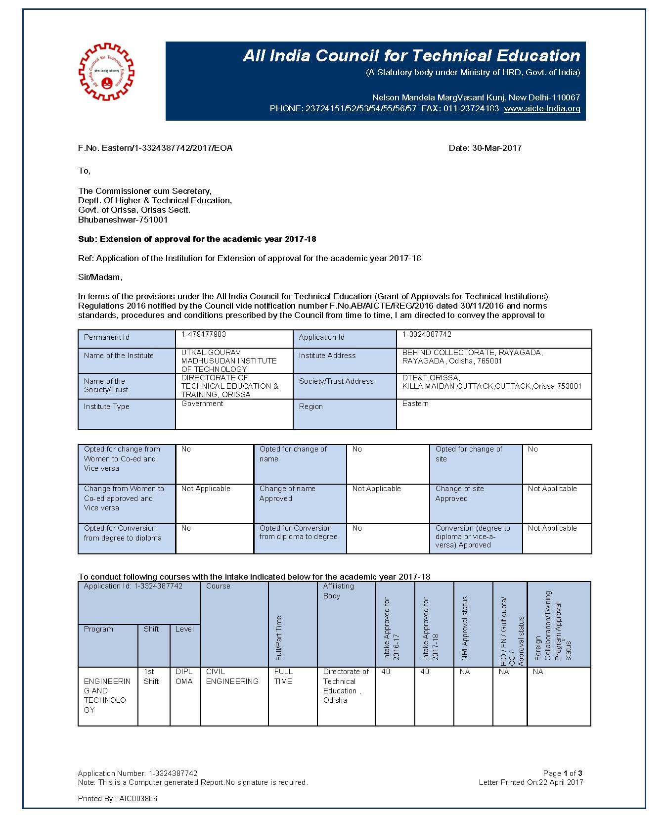 EoA from AICTE for Year 2017-2018