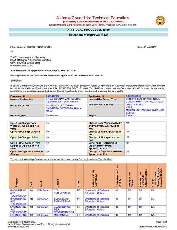 EoA from AICTE for Year 2018-2019