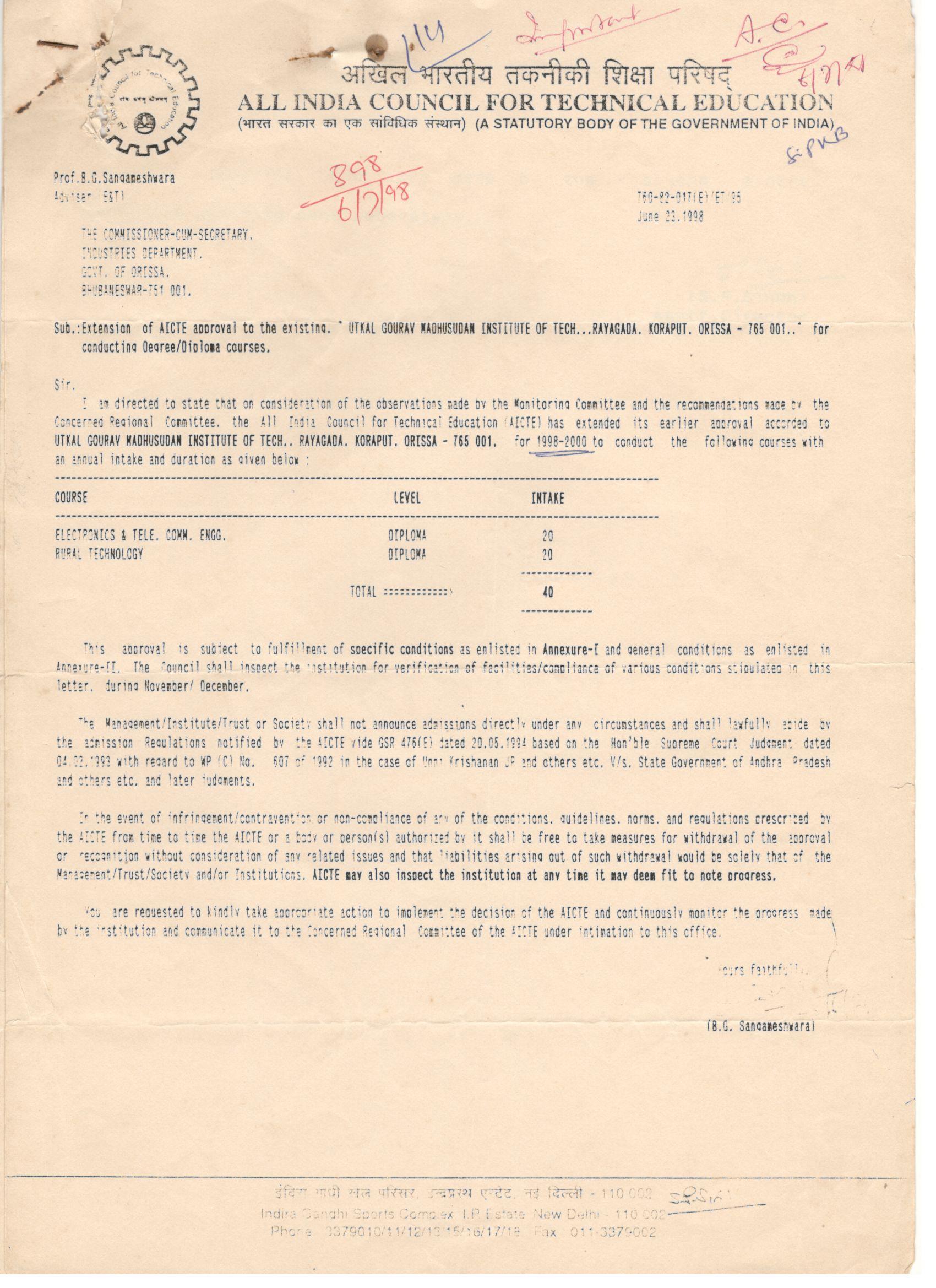 EoA from AICTE for Year 1998-2000