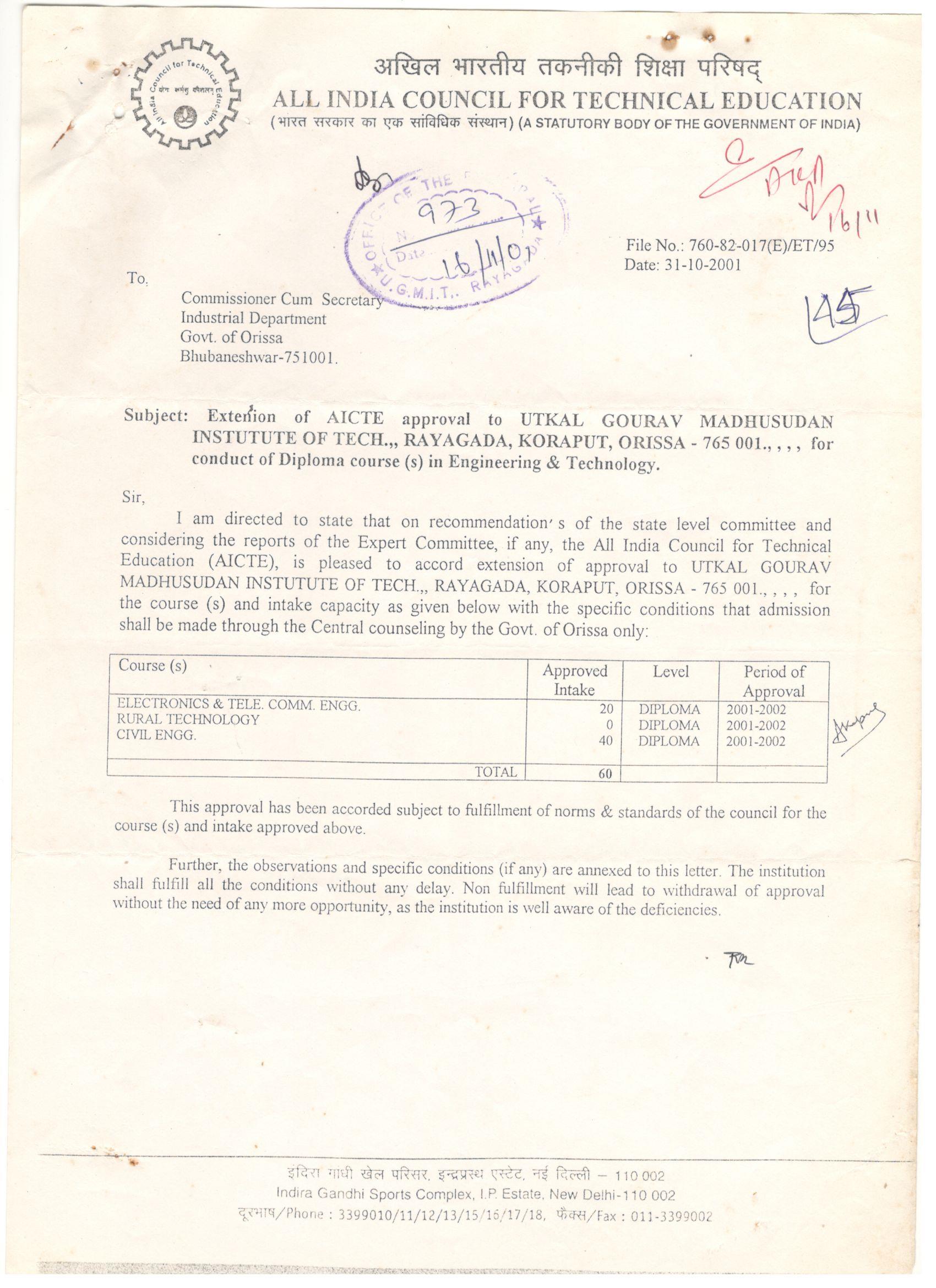EoA from AICTE for Year 2001-2002