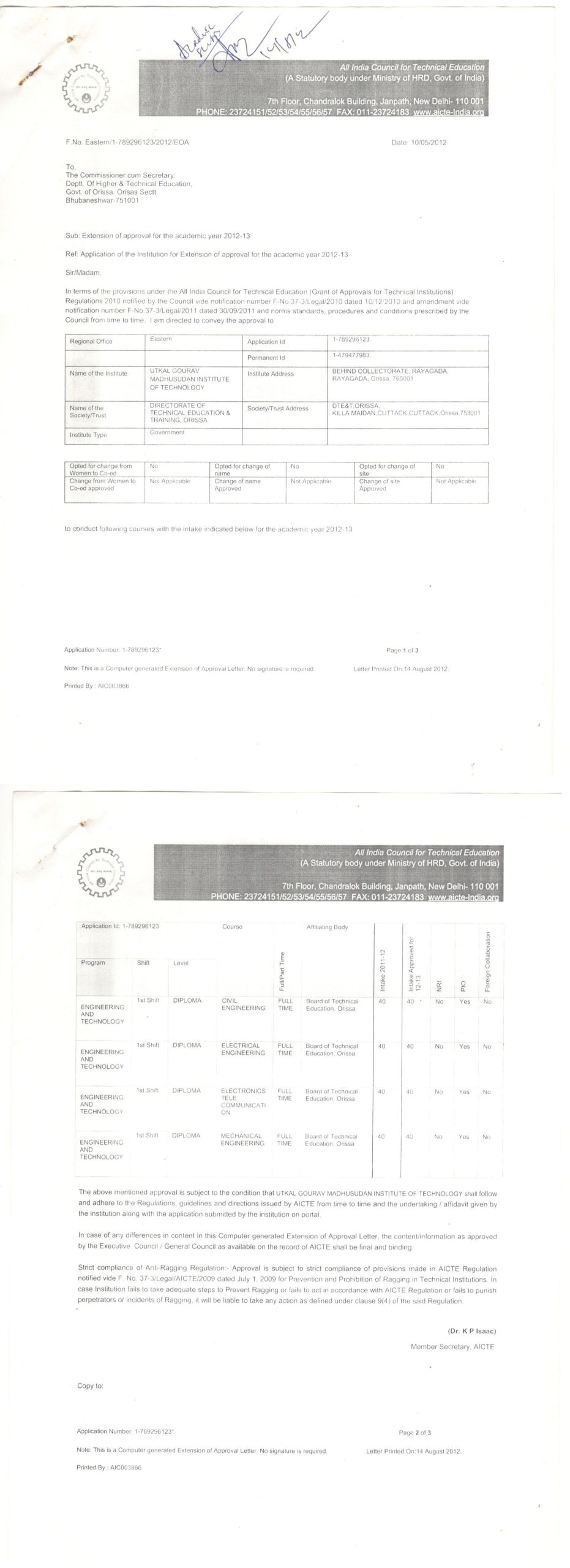 EoA from AICTE for Year 2012-2013